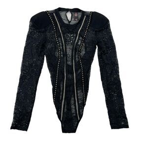 Victorias Secret Black Lace Sheer Thong Bodysuit Shoulder Pads XS Beaded Accents
